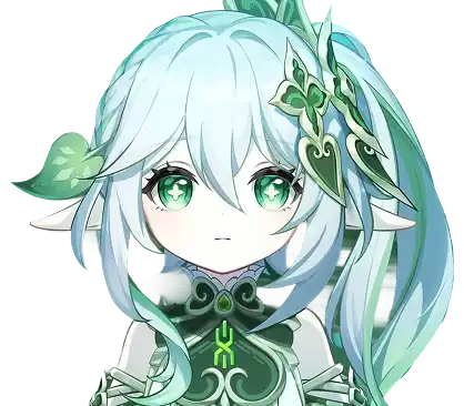 anime personage met lichtgroen haar, groene ogen en fantasieachtige outfit met bladeren en ornamenten