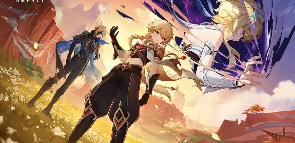 anime personages in een actievolle fantasy scène met magische krachten en landschap op de achtergrond