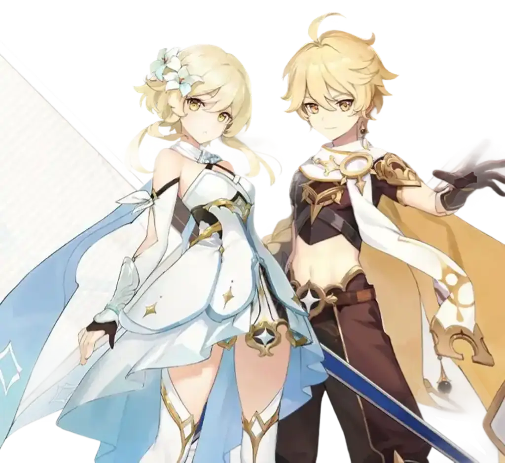 twee anime hoofdpersonages, een jongen en een meisje met blond haar, in fantasy outfits